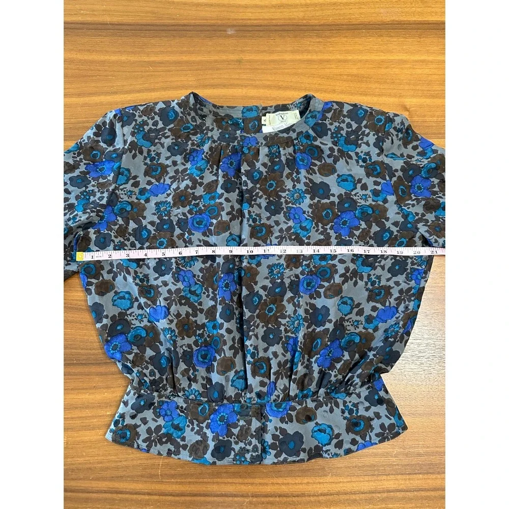 Valentino Miss V Skirt Set 100% Silk Women 8 Blue Brown Floral Pleated Vintage